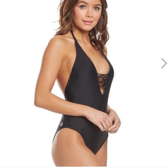 Volcom sexy one piece swimsuit black low back halter plunging v Like New - Picture 2 of 14